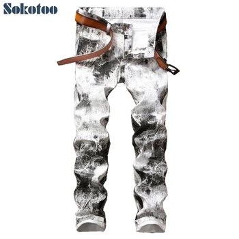 Sokotoo de moda pentru Bărbați de cerneală vopsite în alb print pantaloni Slim stretch denim blugi