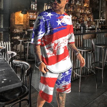 Steagul American Model pentru Bărbați Costum de Vară Bald Eagle Print Sport 2-bucata Set Moda T-shirt, pantaloni Scurți Set Casual Streetwear