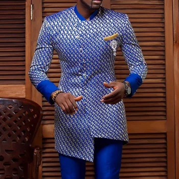 Stilul național de Tineret în Picioare Guler Camasa Casual Model Albastru Barbati Maneca Lunga 4Xl Africane Haine de Vara Blue Print Top
