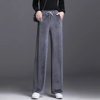 Toamna Pantaloni Largi Picior Femei Negru Gri De Înaltă Talie Pantaloni De Catifea Liber Casual Elegant Pentru Femei Coreeană Stil Chic De Zi Cu Zi Fetele