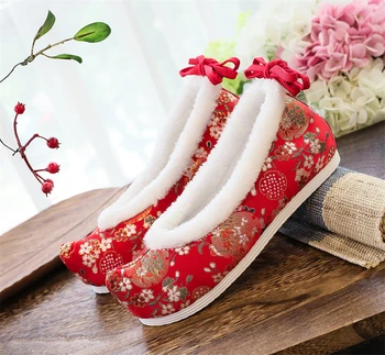 Tradițională Chineză Hanfu Pantofi Femei Vechi Apartamente Cald Iarna Ankel Bandaj Ascuns Tocuri Roșu Oriental Lolita Fata Florale Din Satin 3