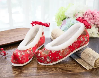 Tradițională Chineză Hanfu Pantofi Femei Vechi Apartamente Cald Iarna Ankel Bandaj Ascuns Tocuri Roșu Oriental Lolita Fata Florale Din Satin 5