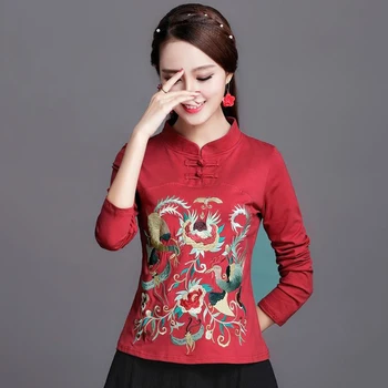 Tradițională Chineză Imbracaminte Femei Plus Dimensiune Topuri 2022 Moda Amestec de Bumbac Broderie Stand Guler Hanfu Qipao Tricouri Femeie
