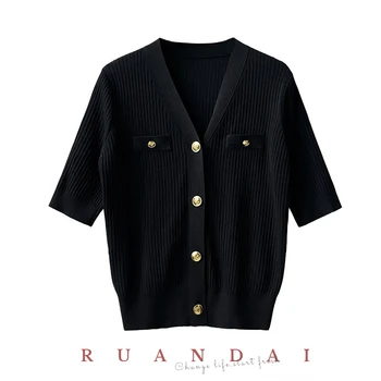 Tweed de Culoare Solidă mâneci Scurte Pulover pentru RUANDAI 2022 Vara Noi V-neck Slim Single-breasted Cardigan Tricotate Femei