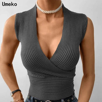 Umeko Vara Pulover Femei Trage Femme Low Cut Sexy Vesta Tricotate T-shirt Deep V Trunchiate Top Plus Dimensiune Elastic Rezervor de Top Tricou