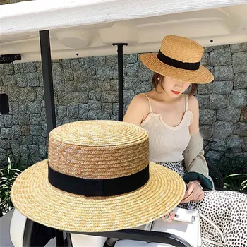 Vara Handmade Naturale De Grau-Paie Pe Cap, Femei Pălărie De Paie Largă Refuz Plat Pălării De Top Barbati Beach Solid Capace De Protecție Solară Chapeau