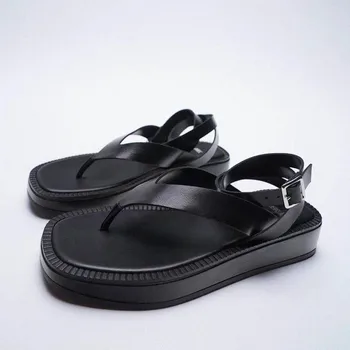 Vara Noi de Pantofi pentru Femei Negru din Piele Plat Moda Sandale Flip-Flops ZA Dantela-Up Glezna Curea Sandale Plus Dimensiune