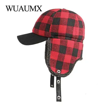Wuaumx Iarna Bomber Pălării Bărbați Îngroșa rusă Trapper Earflap Hat Baseball cap Rosu Negru Ecosez Windproof Bombardier Hat Pentru Femei