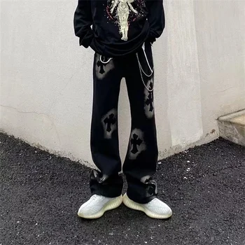 Y2K Bărbați Vintage Streetwear coreean Negru Retro Blugi de Mare Si o pereche de Pantaloni drepti Pantaloni din Denim Pentru Femei Zână Grunge Alt Haine 0
