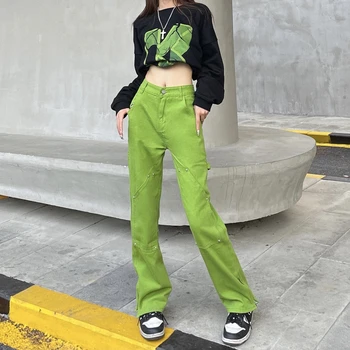 Y2k Fata Verde Solid Buzunare Drepte Jean De Sex Feminin Strada Rece Nasturi Blugi Lungi 2022 Toamna Harajuku Fantă Vintage Denim Pant